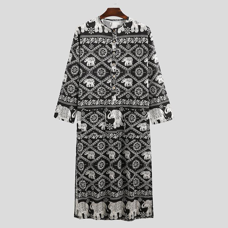 Ladies' Ethno-Maxi dress with stand-up collar, short button placket, dropped sleeves, and A-line cut StylebySassy