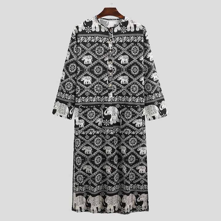 Ladies' Ethno-Maxi dress with stand-up collar, short button placket, dropped sleeves, and A-line cut StylebySassy