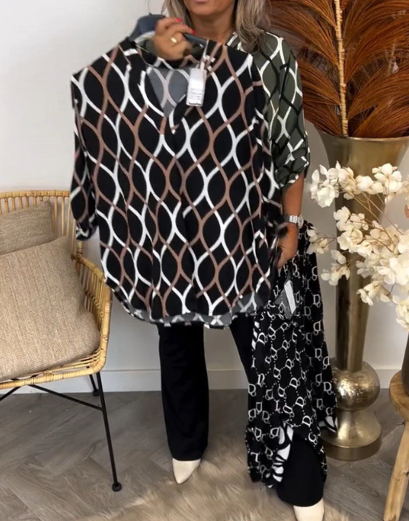 Ladies casual long tunic with V-neck three-quarter sleeves side pockets and geometric chain print StylebySassy
