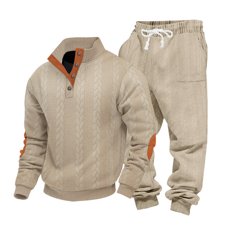 Men's knitted combination of sweater and joggers with cable pattern and elbow patches StylebySassy
