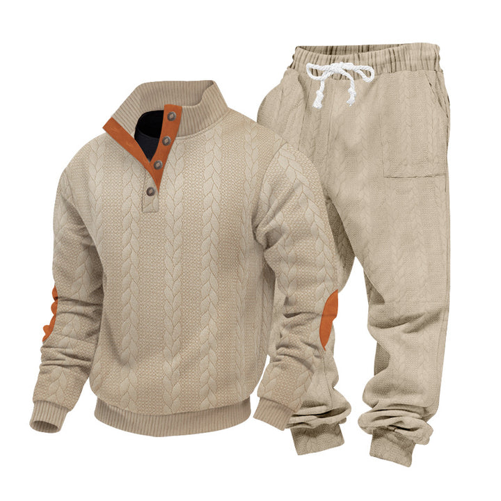 Men's knitted combination of sweater and joggers with cable pattern and elbow patches StylebySassy