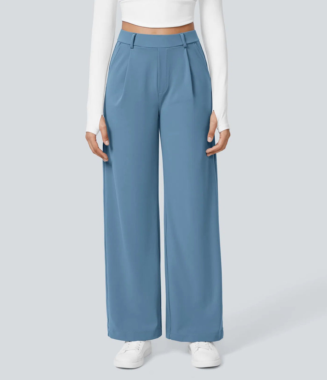 Ladies high-waisted pleated trousers with wide leg, belt loops and side pockets StylebySassy