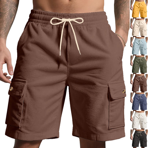 Men's cord cargo shorts with elastic drawstring waistband, patch cargo pockets, and soft cotton blend StylebySassy