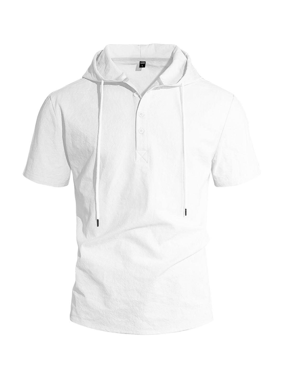 Men's short-sleeved hooded Henley made of slub cotton with concealed button placket and drawstring StylebySassy