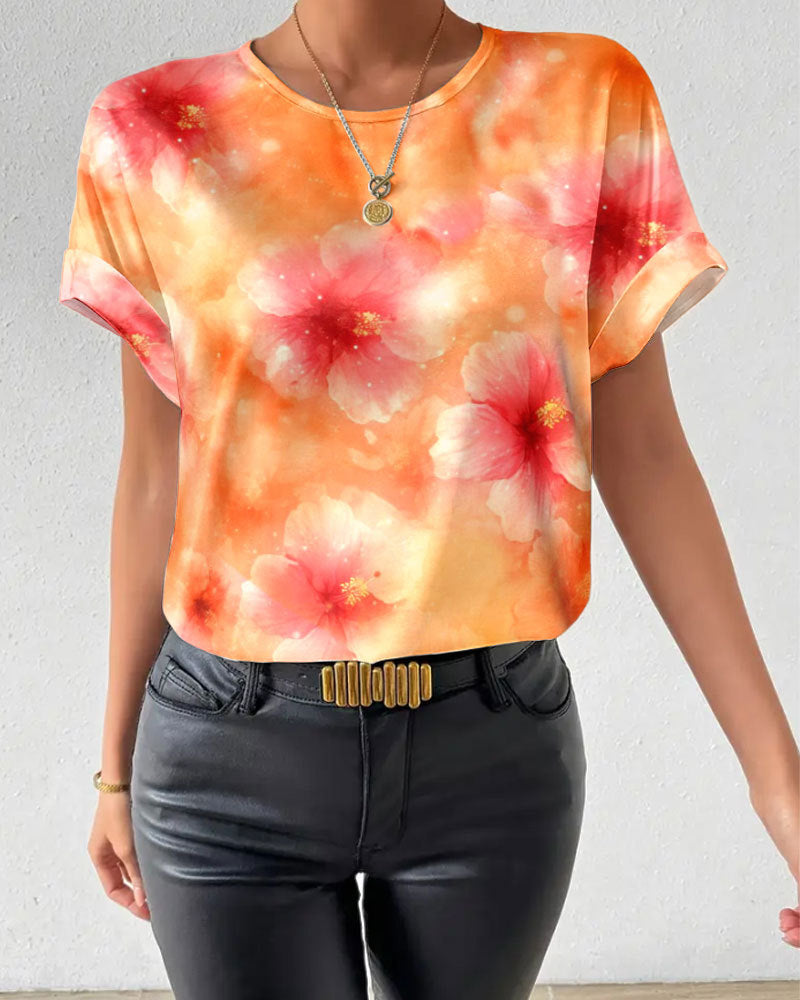 Women's loose short blouse shirt in silky look with watercolor flower print and rolled-up sleeves StylebySassy