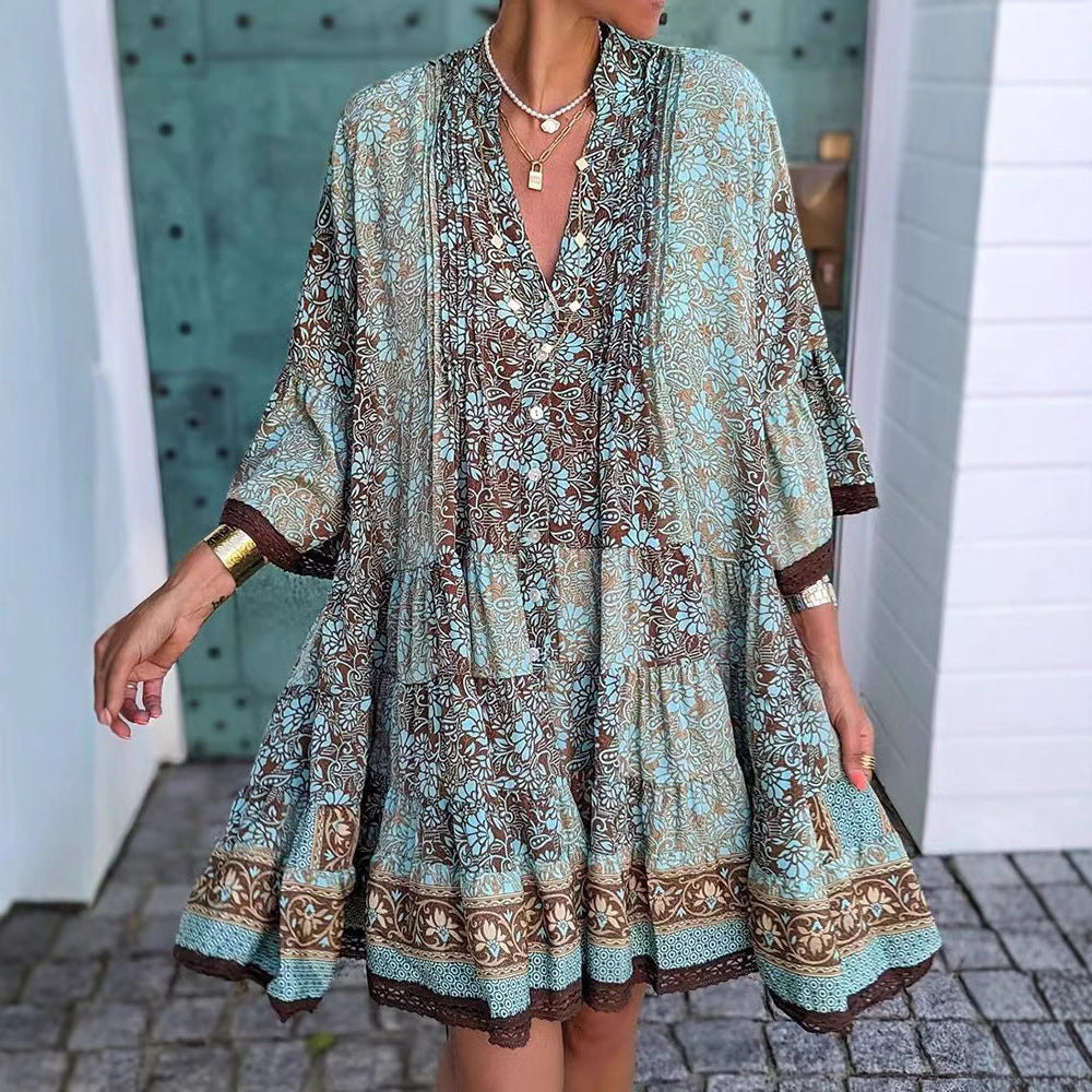 Women's airy Boho tiered dress with V-neck wide batwing sleeves and lace trim StylebySassy