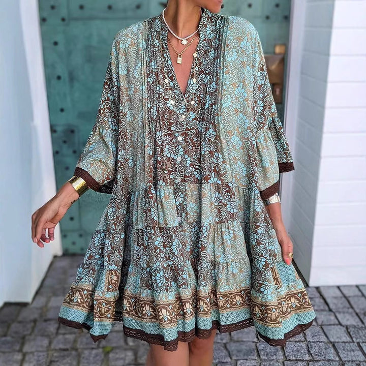 Women's airy Boho tiered dress with V-neck wide batwing sleeves and lace trim StylebySassy