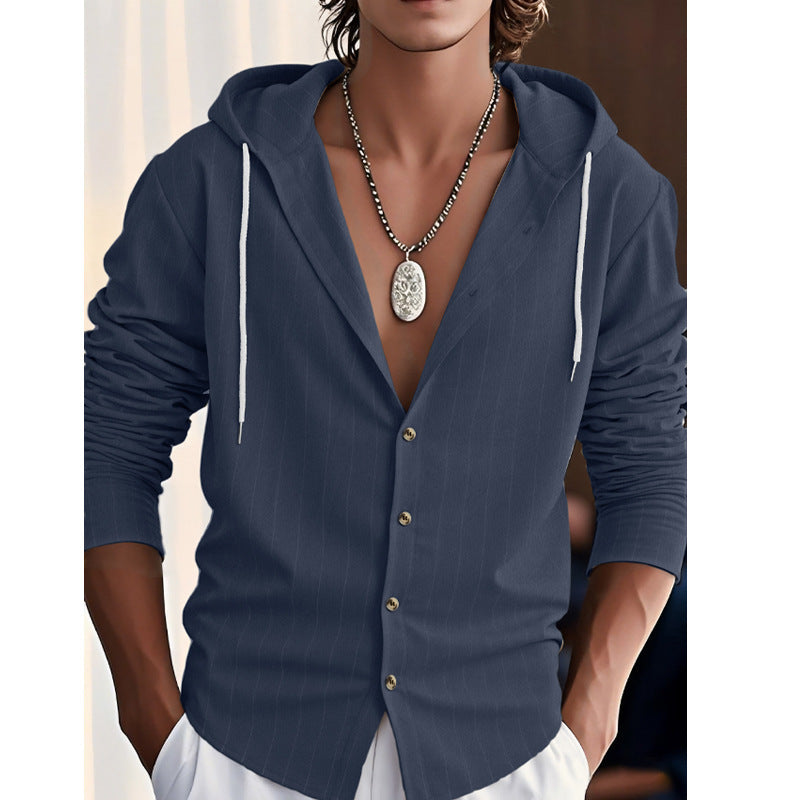 Men's modern hooded shirt with slim fit, continuous button placket, and fine pinstripe structure StylebySassy