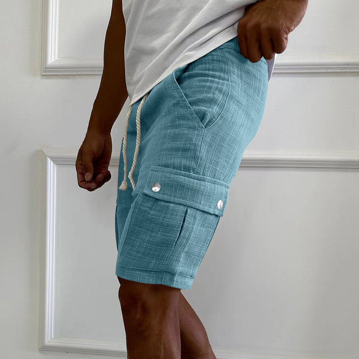 Men's urban cargo Bermuda shorts made of linen-cotton blend with elastic drawstring waistband and snap-flap pockets StylebySassy