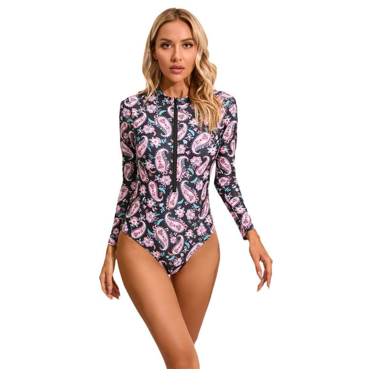 Women's High Neck One-Piece Swimsuit with Zip and Floral Pattern StylebySassy