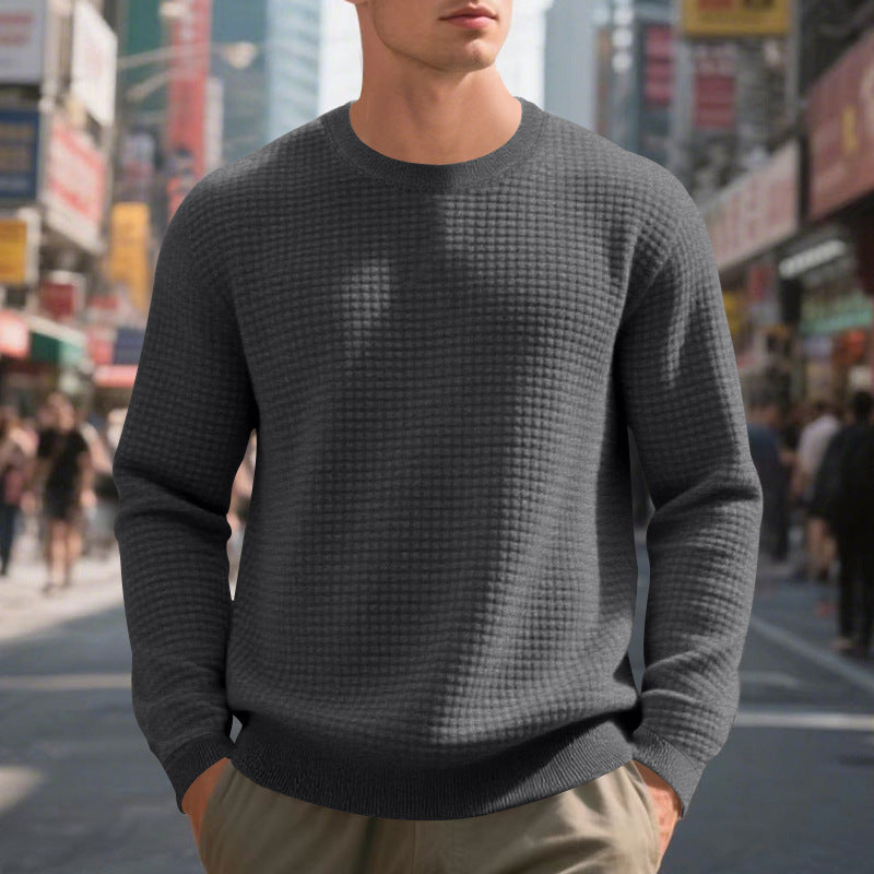 Men's structured knit sweater with waffle texture and round neck StylebySassy