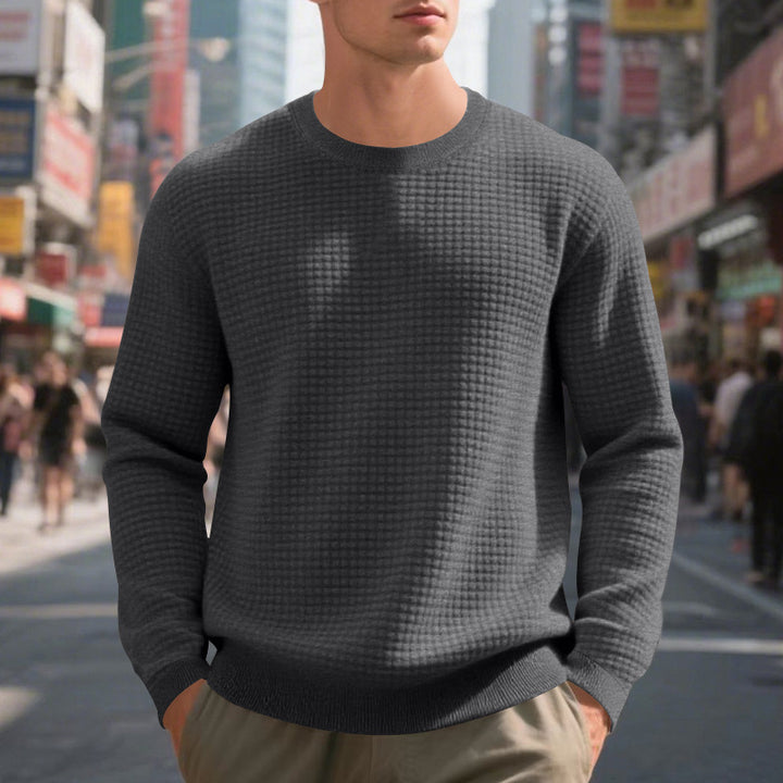 Men's structured knit sweater with waffle texture and round neck StylebySassy