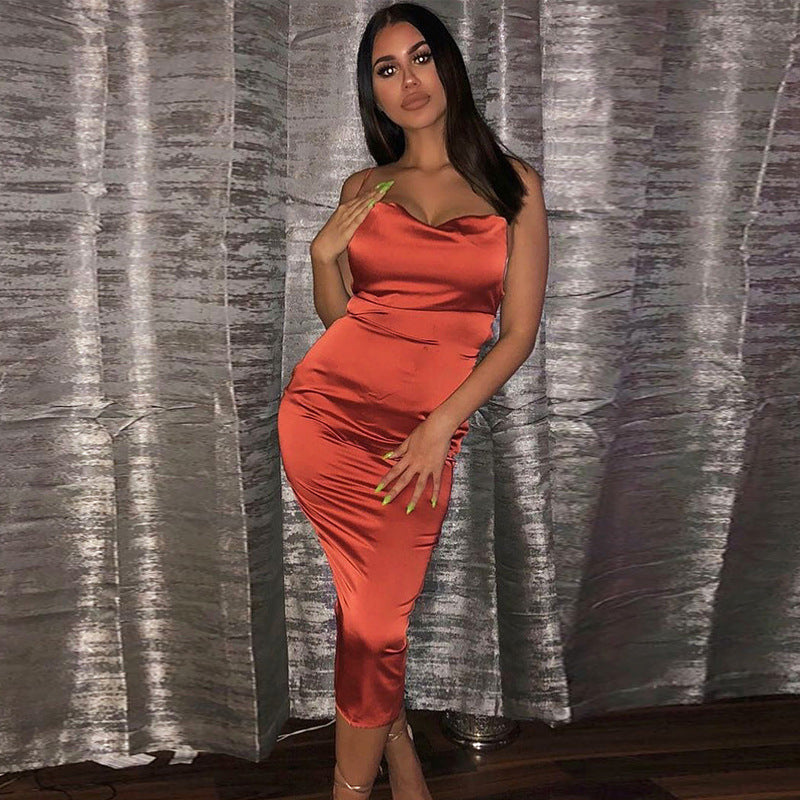 Ladies Elegant Satin Dress with Off-Shoulder Design StylebySassy