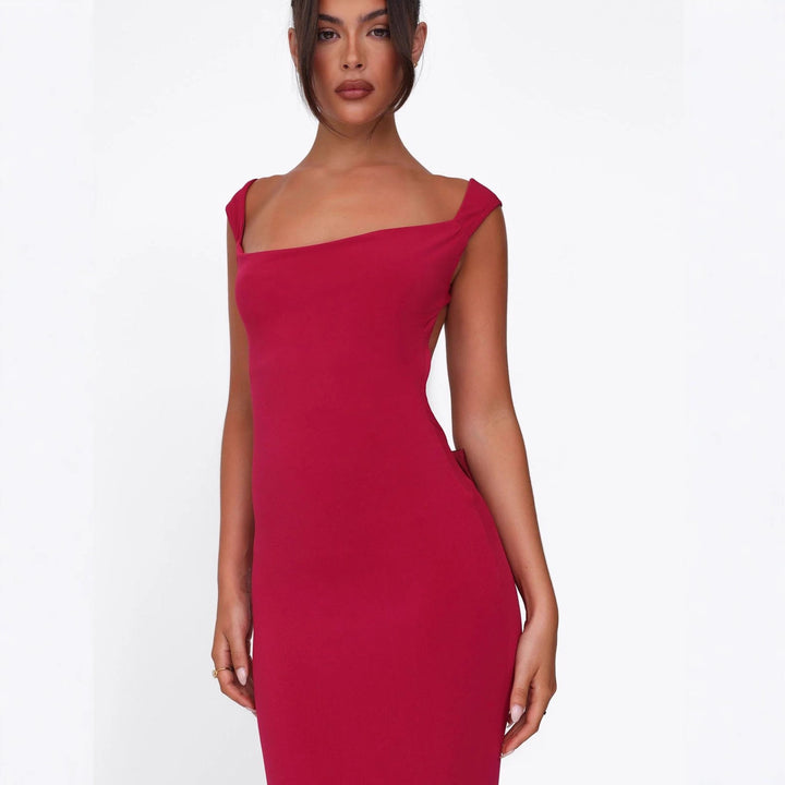 Women's body-hugging evening dress with square neckline and wide straps StylebySassy