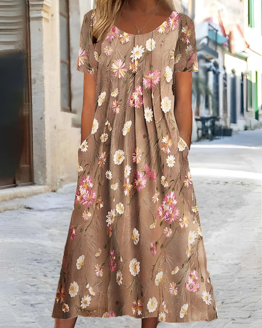 Women's nan Blumenswing midi dress with round neckline, inset pockets, and structured crepe quality StylebySassy