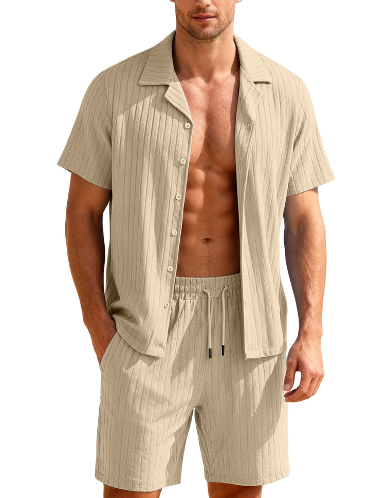 Men's ribbed fine knit lounge set with short sleeve lapel shirt and drawstring shorts StylebySassy