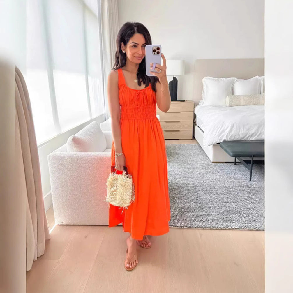 Women's knee-length linen look dress with smocked bodice, elastic waistband and wide straps StylebySassy