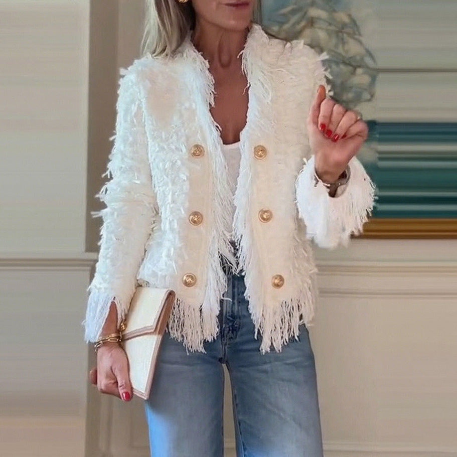 Women's short jacket with structured surface and decorative button row StylebySassy