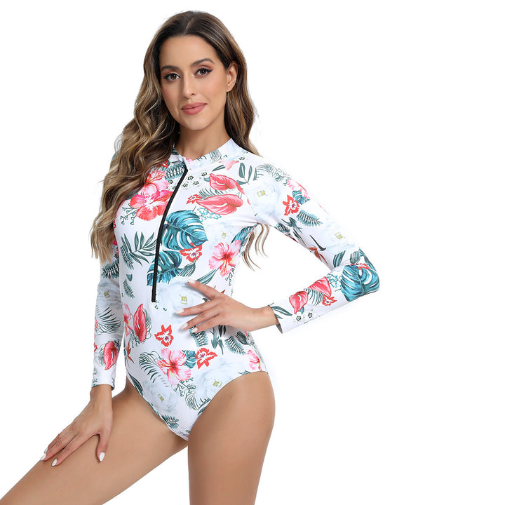 Women Long Sleeve Swimsuit with Zipper and Modern Marble Design StylebySassy