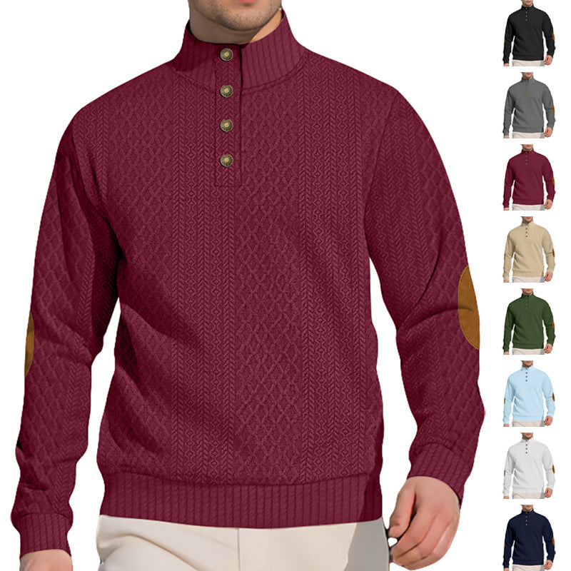 Men's noble button sweater in cable pattern with high stand-up collar and suede elbow patches StylebySassy