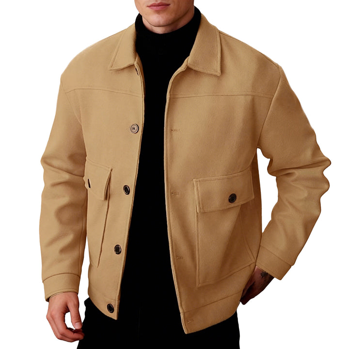 Men's short wool field jacket with shirt collar, flap pockets, and clear silhouette StylebySassy