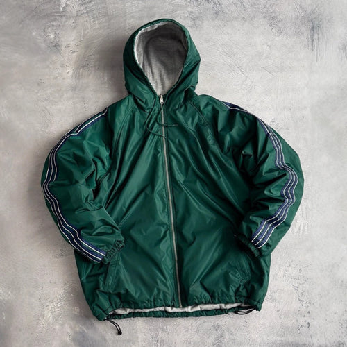 Unisex non-fitted windbreaker with hood padded fleece lining drawstring hem and decorative stripes on sleeves StylebySassy