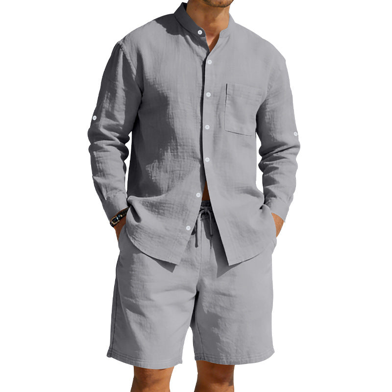 Men's casual linen set with stand collar shirt and drawstring shorts StylebySassy