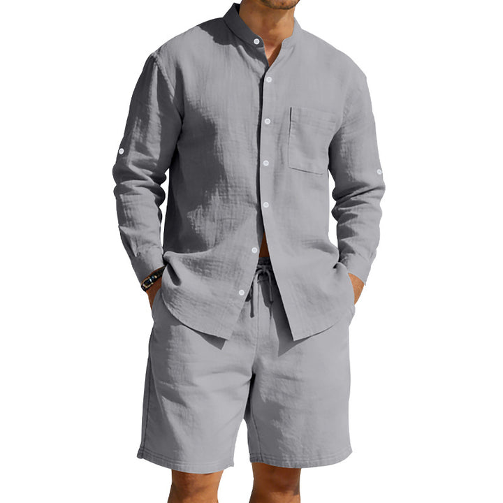 Men's casual linen set with stand collar shirt and drawstring shorts StylebySassy