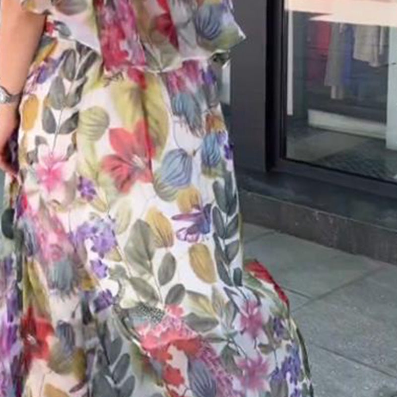 Women’s airy chiffon maxi dress with floral print, gathered round neckline and elastic waistband StylebySassy