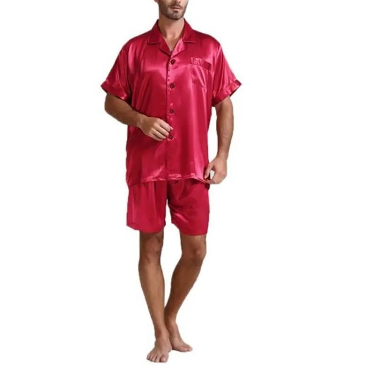 Unisex nan silky-shiny short-sleeve pajama set with shirt collar and elastic waistband StylebySassy