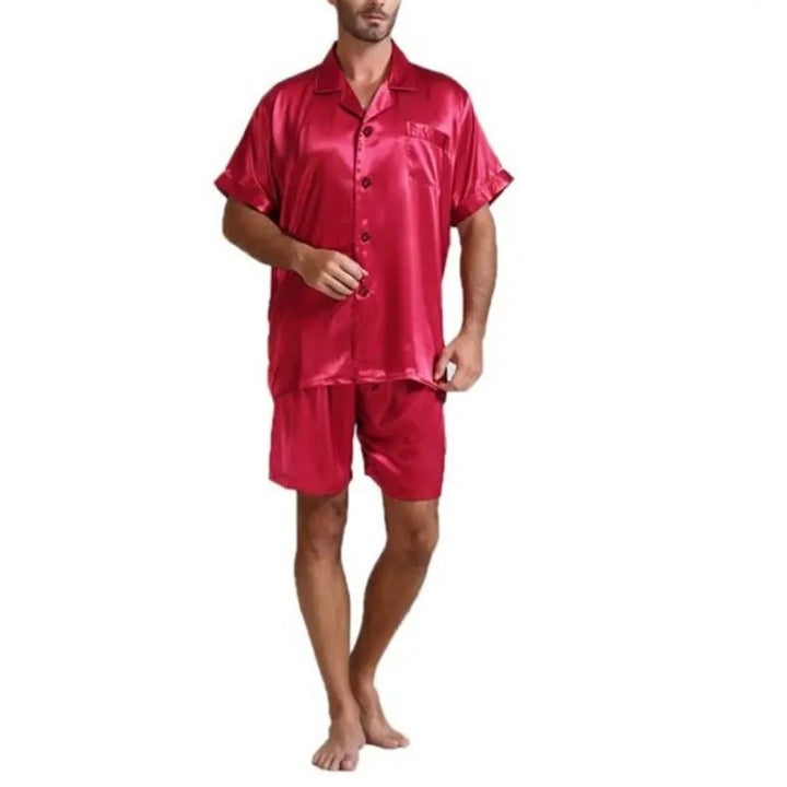 Unisex nan silky-shiny short-sleeve pajama set with shirt collar and elastic waistband StylebySassy