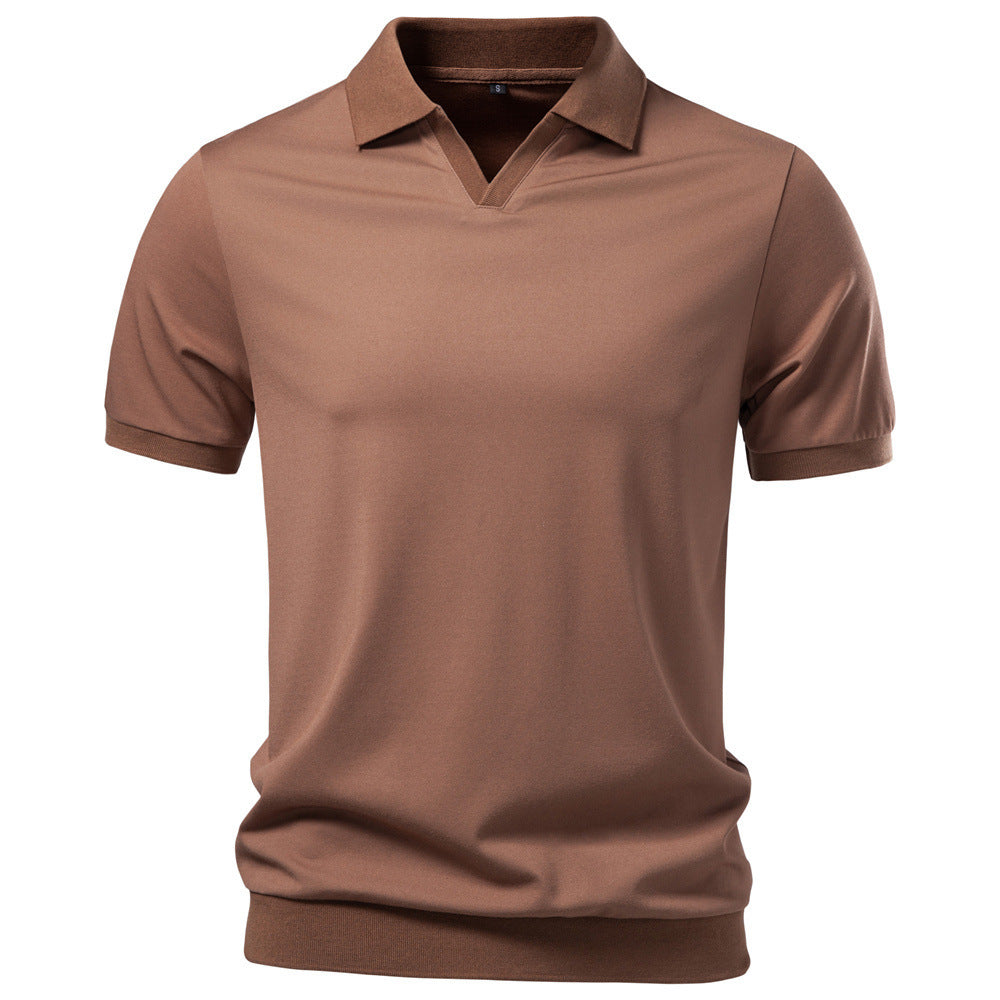 Men's fine-knit short-sleeve polo shirt with open V-neck and elastic hem StylebySassy