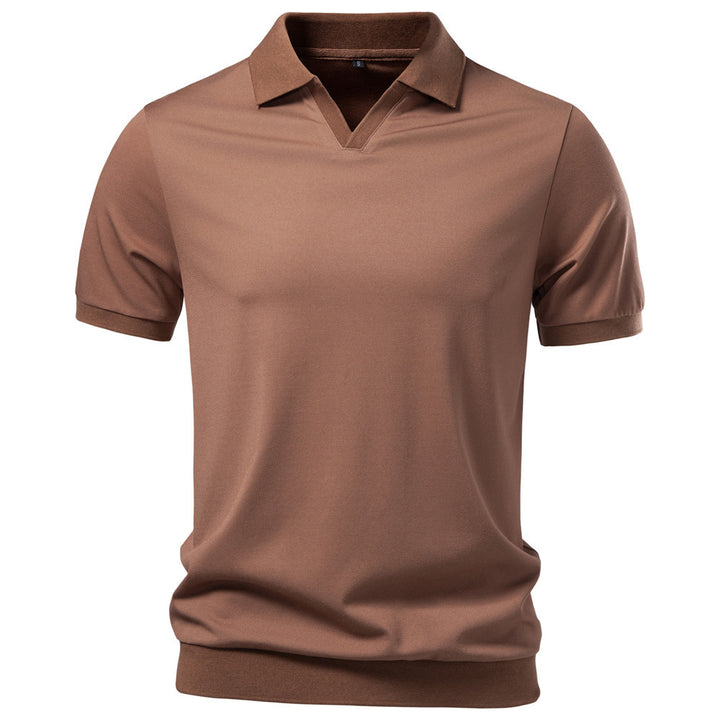 Men's fine-knit short-sleeve polo shirt with open V-neck and elastic hem StylebySassy