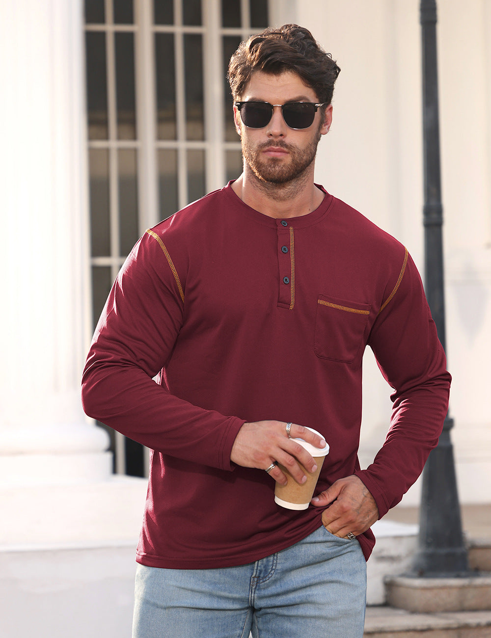 Men's Long Sleeve Shirt with Short Button Placket, Chest Pocket and Contrasting Decorative Stitching StylebySassy