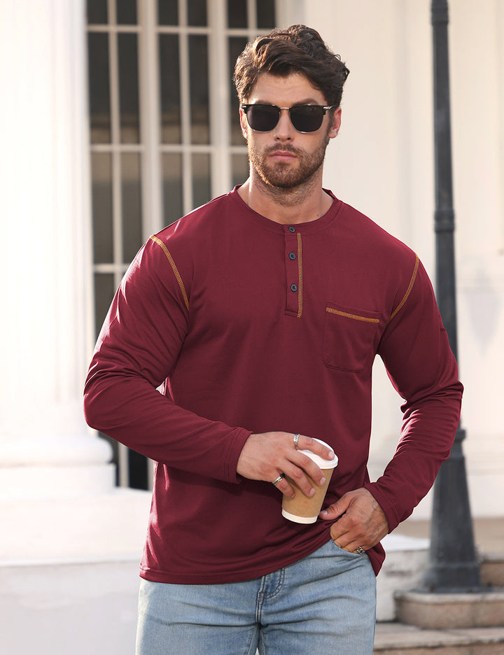 Men's Long Sleeve Shirt with Short Button Placket, Chest Pocket and Contrasting Decorative Stitching StylebySassy