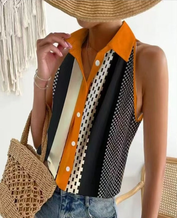 Women sleeveless shirt top with Kent collar, contrasting button placket and graphic stripe print StylebySassy