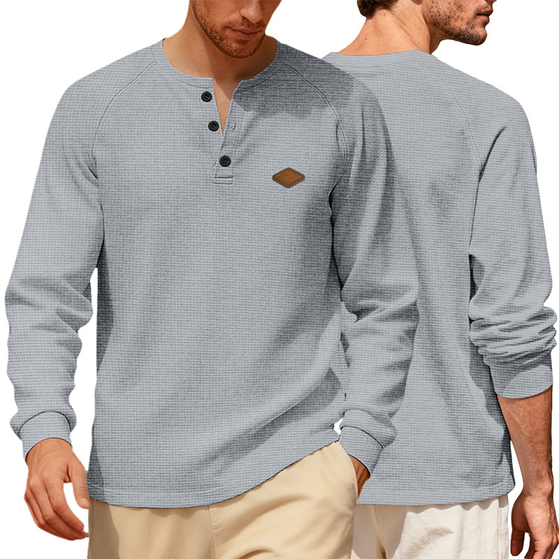 Men's Waffle Knit Henley Long Sleeve Shirt with Raglan Sleeves, Half Button Placket and Leather Label StylebySassy