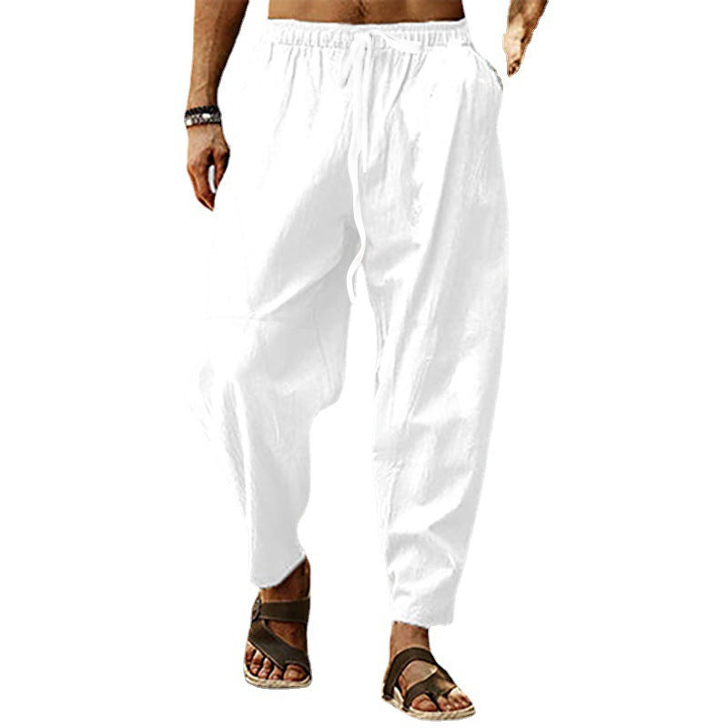 Men's relaxed summer slouch pants made of linen blend with elastic waistband and tapered ankle cuffs StylebySassy
