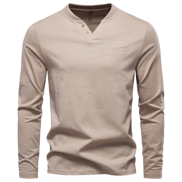 Men's tailored long sleeve shirt in Henley style with short V-neck, decorative buttons, and chest pocket StylebySassy
