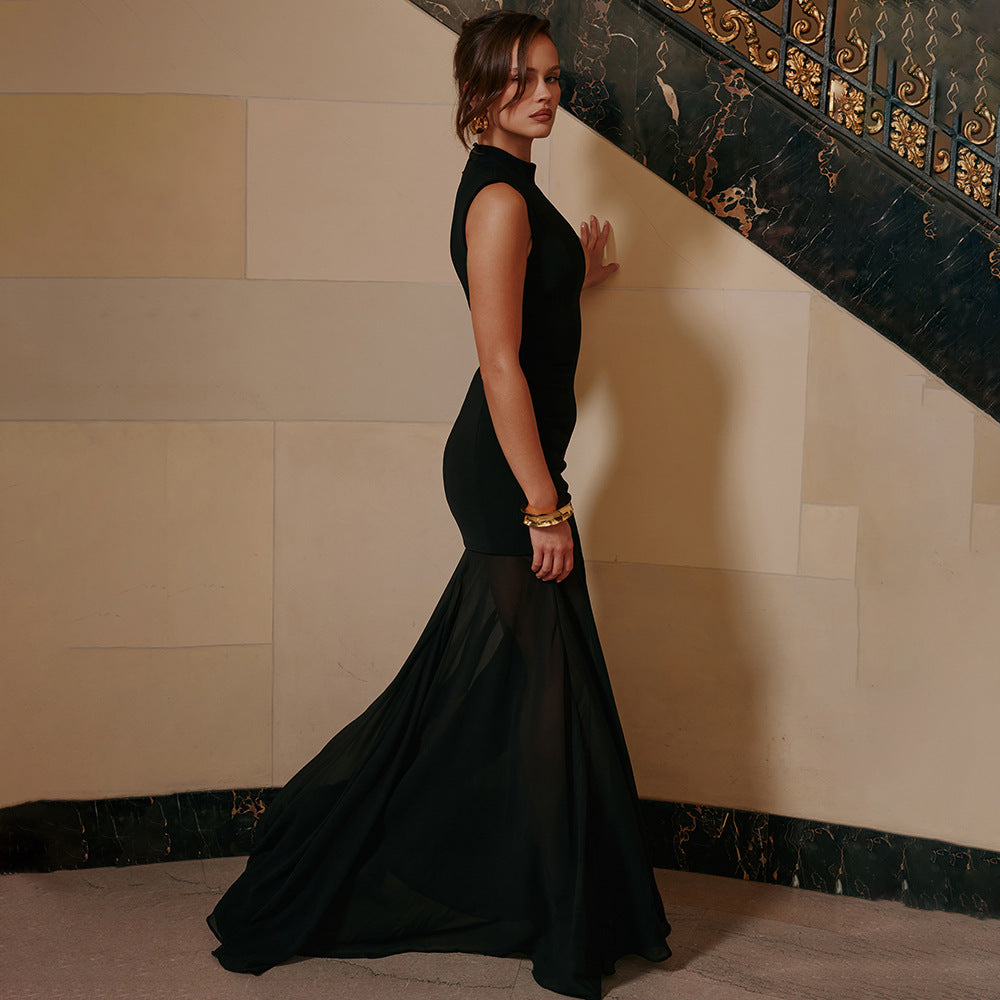 Women Elegant Maxi Dress with Deep V-Neck and Transparent Tulle Layer StylebySassy