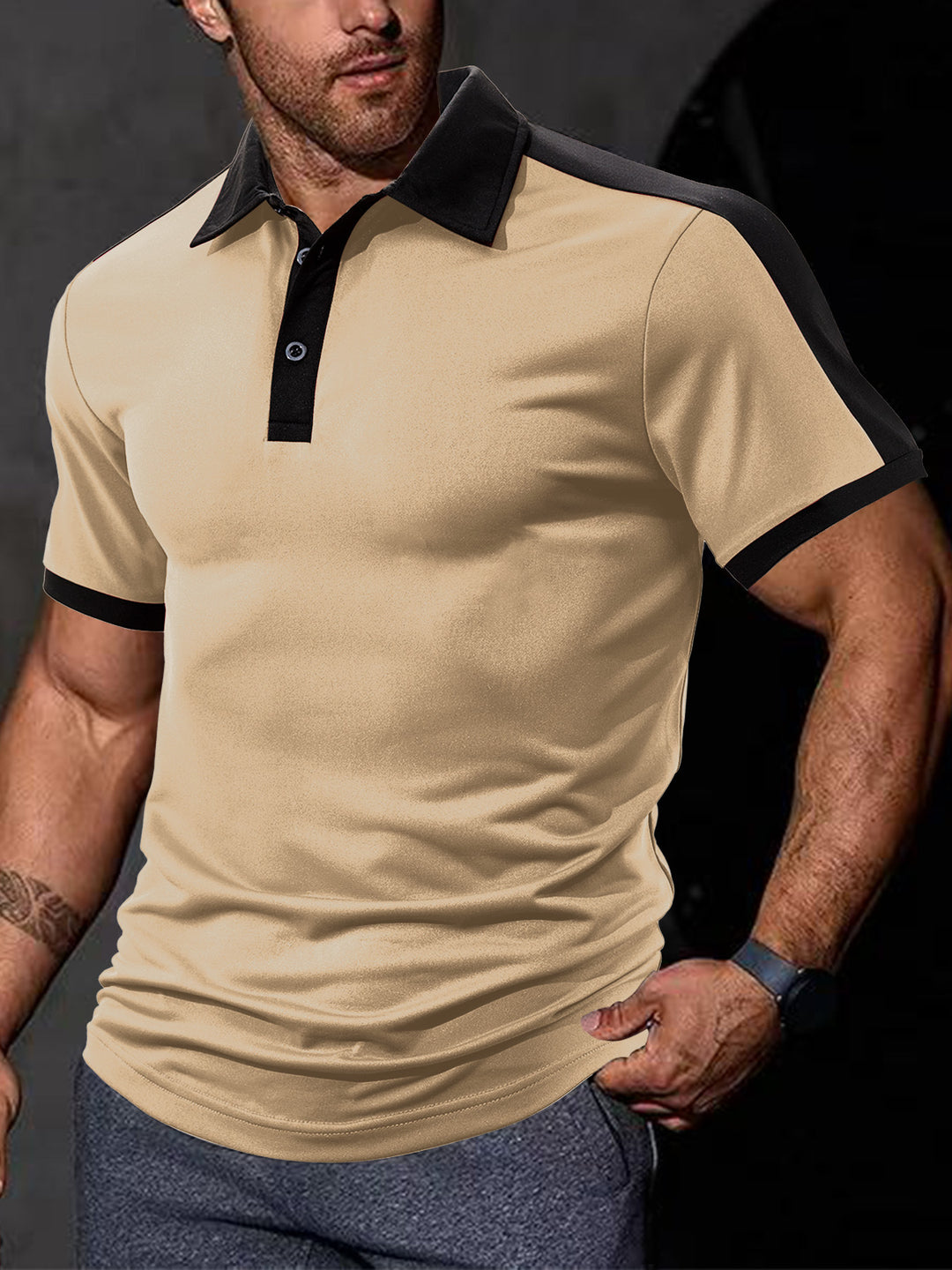 Men's fitted contrast polo shirt with shoulder yoke and shirt collar StylebySassy