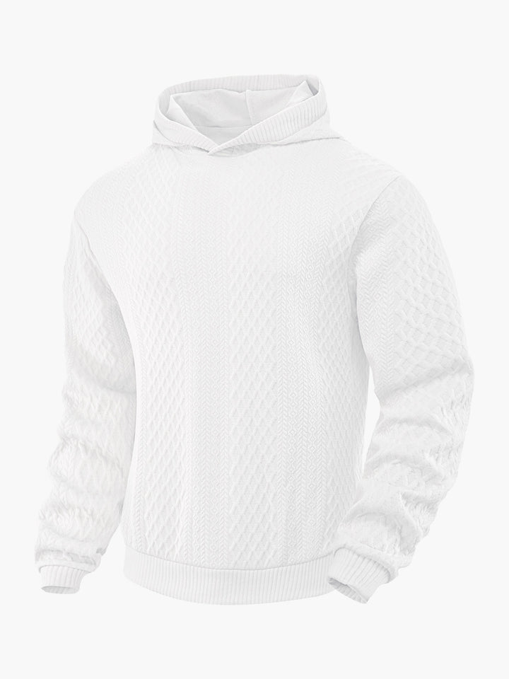 Men's structured funnel neck pullover with hood and honeycomb jacquard StylebySassy