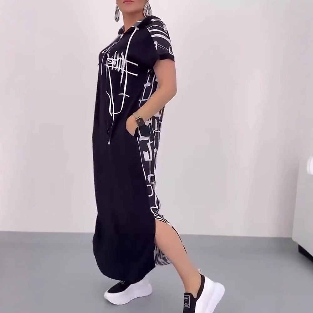 Women's casual hooded kaftan dress in loose fit with short sleeve cut and abstract graphic pattern StylebySassy