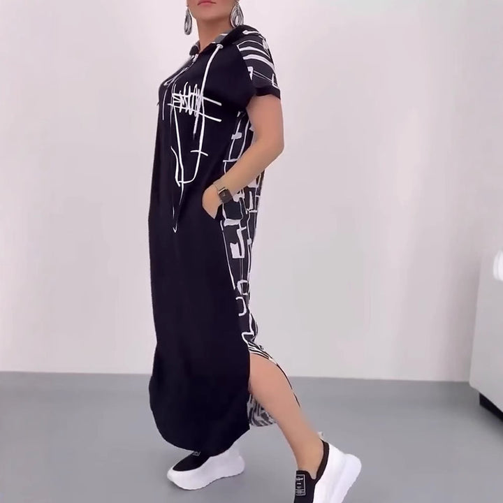 Women's casual hooded kaftan dress in loose fit with short sleeve cut and abstract graphic pattern StylebySassy