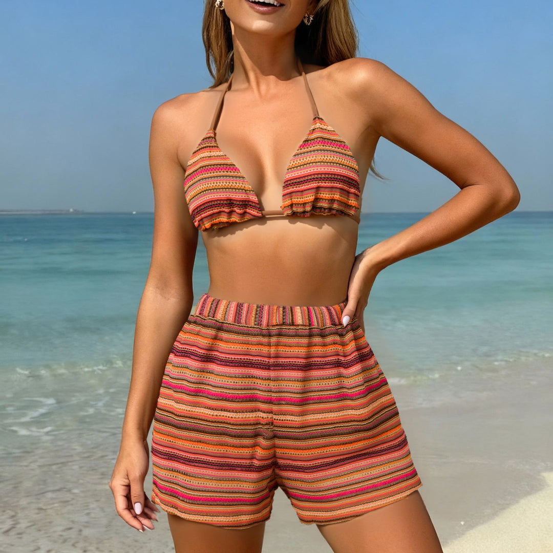 Women's Triangle Bikini with Ruffle Details and Casual Shorts StylebySassy
