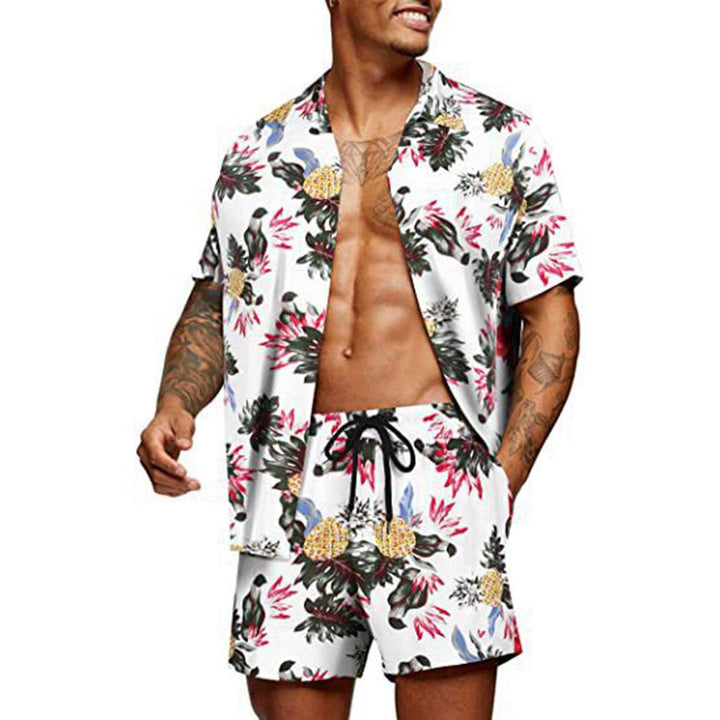 Men's tropical short sleeve shirt and swim shorts set with lapel collar, drawstring, and practical side pockets StylebySassy