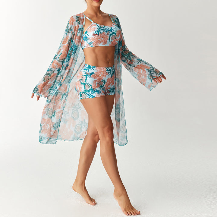 Women's beach outfit with floral design and transparent kaftan StylebySassy