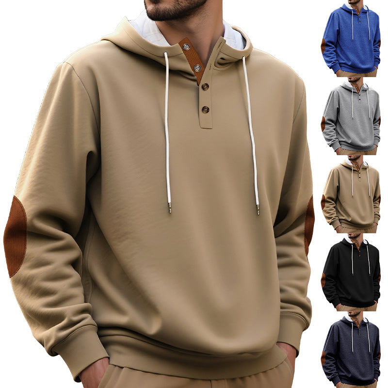 Men's hooded sweatshirt in a puristic leisure style with Henley button placket, contrasted hood interior, and elbow patches StylebySassy