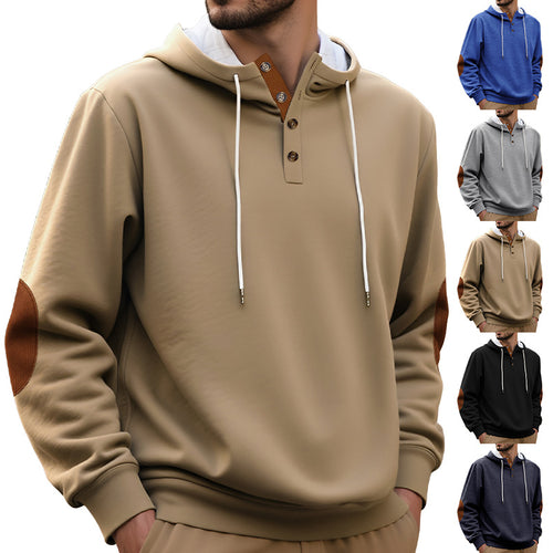 Men's hooded sweatshirt in a puristic leisure style with Henley button placket, contrasted hood interior, and elbow patches StylebySassy