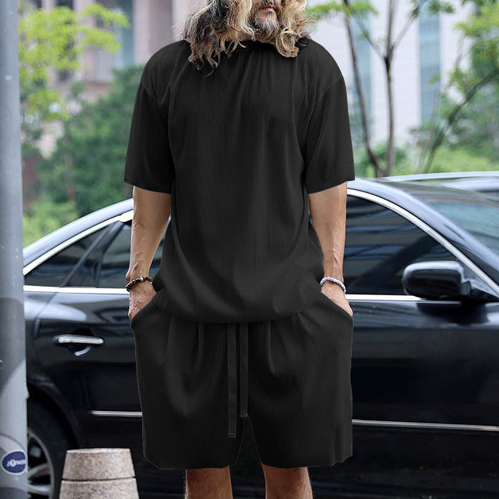 Men's modern ribbed leisure set with wide short-sleeve shirt and elastic drawstring pants StylebySassy